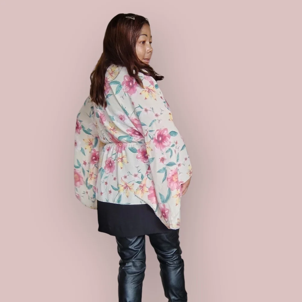 REVAMPED Women's Medium Floral Open-Front Kimono Cardigan - Picture 7 of 16